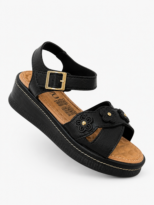 Sandalia Confort Negra Floral para Mujer