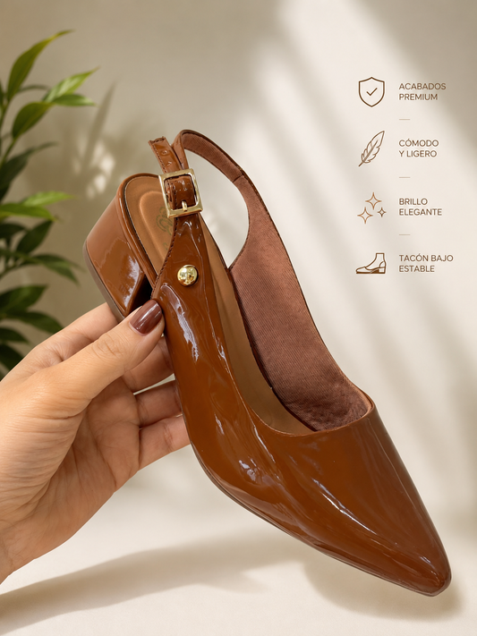 Tacón Slingback Miel Charol 3,5 cm  | Elegancia y Comodidad Todo el Día