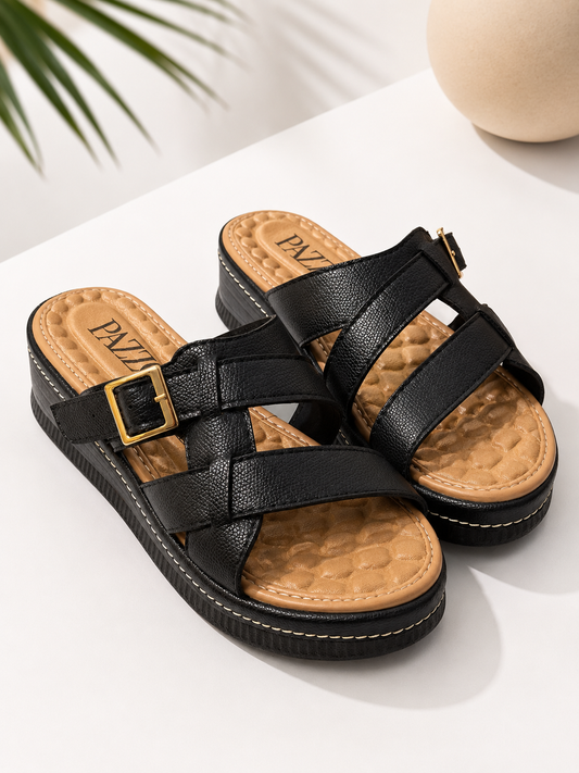 Sandalia Confort Negra Hebilla Dorada – Altura Ideal 3.5 cm