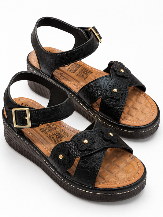 Sandalia Confort Negra Floral para Mujer